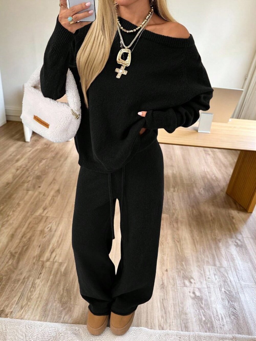 Black Casual Women's Drawstring Rib-Knit Drop Shoulder Long Pants